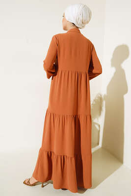 Yakası Bağcıklı Kat Kat Elbise Camel - Tesettür Elbise