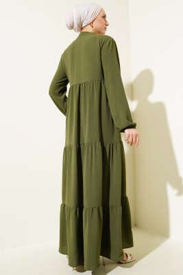 Yakası Bağcıklı Kat Kat Elbise Haki - Tesettür Elbise