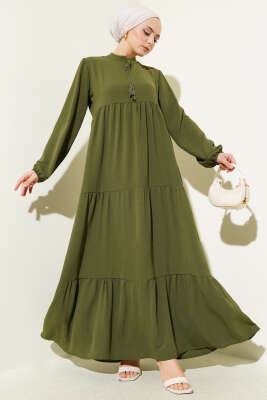 Yakası Bağcıklı Kat Kat Elbise Haki 