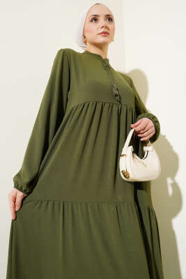 Yakası Bağcıklı Kat Kat Elbise Haki - Tesettür Elbise