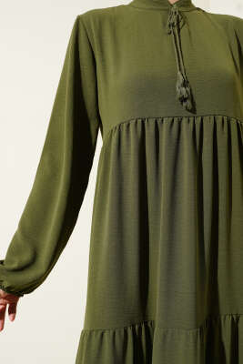 Yakası Bağcıklı Kat Kat Elbise Haki - Tesettür Elbise