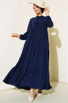 Yakası Bağcıklı Kat Kat Elbise Lacivert - Tesettür Elbise