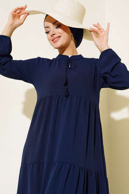 Yakası Bağcıklı Kat Kat Elbise Lacivert - Tesettür Elbise