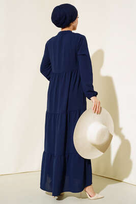 Yakası Bağcıklı Kat Kat Elbise Lacivert - Tesettür Elbise