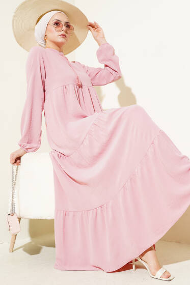 Yakası Bağcıklı Kat Kat Elbise Pembe - Elbise