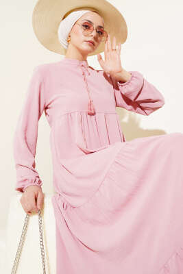 Yakası Bağcıklı Kat Kat Elbise Pembe - Tesettür Elbise