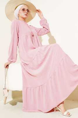 Yakası Bağcıklı Kat Kat Elbise Pembe 