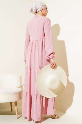 Yakası Bağcıklı Kat Kat Elbise Pembe - Tesettür Elbise