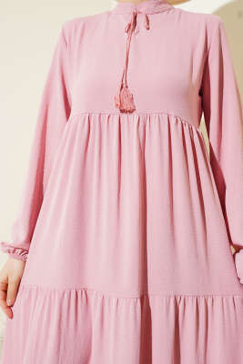 Yakası Bağcıklı Kat Kat Elbise Pembe - Tesettür Elbise