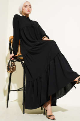 Yakası Bağcıklı Kat Kat Elbise Siyah 