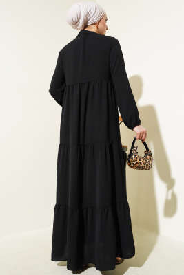 Yakası Bağcıklı Kat Kat Elbise Siyah - Tesettür Elbise