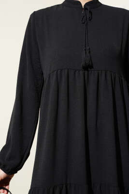 Yakası Bağcıklı Kat Kat Elbise Siyah - Tesettür Elbise