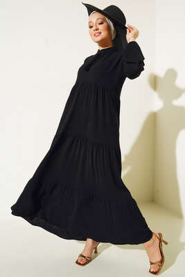Yakası Bağcıklı Kat Kat Elbise Siyah - Thumbnail
