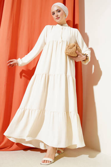 Yakası Bağcıklı Kat Kat Elbise Taş - Elbise