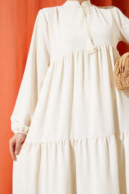 Yakası Bağcıklı Kat Kat Elbise Taş - Tesettür Elbise