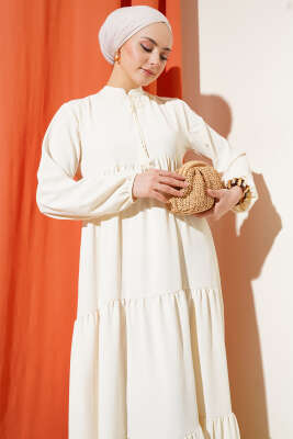 Yakası Bağcıklı Kat Kat Elbise Taş - Tesettür Elbise