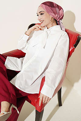 Yakası Bağcıklı Salaş Gömlek Ekru 