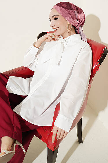 Yakası Bağcıklı Salaş Gömlek Ekru - Gömlek