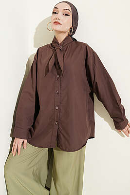 Yakası Bağcıklı Salaş Gömlek Kahve 