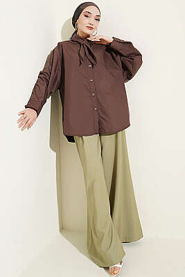 Yakası Bağcıklı Salaş Gömlek Kahve - Gömlek