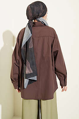 Yakası Bağcıklı Salaş Gömlek Kahve - Gömlek