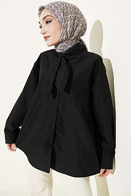 Yakası Bağcıklı Salaş Gömlek Siyah 