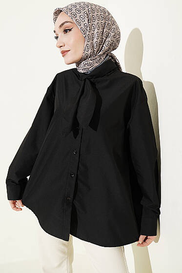 Yakası Bağcıklı Salaş Gömlek Siyah - Gömlek