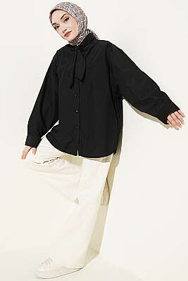 Yakası Bağcıklı Salaş Gömlek Siyah - Gömlek