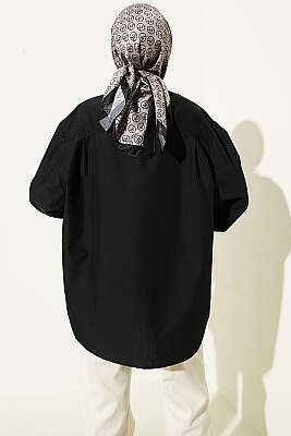 Yakası Bağcıklı Salaş Gömlek Siyah - Gömlek