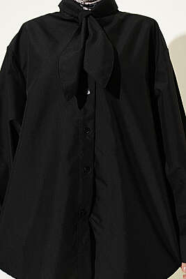 Yakası Bağcıklı Salaş Gömlek Siyah - Gömlek