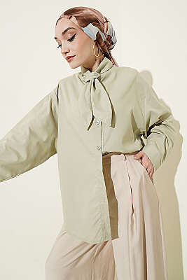 Yakası Bağcıklı Salaş Gömlek Su Yeşili 