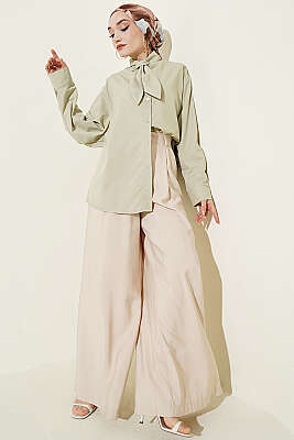 Yakası Bağcıklı Salaş Gömlek Su Yeşili - Gömlek