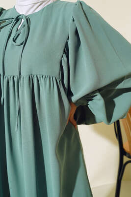 Yakası Bağlamalı Balon Kol Elbise Çağla Yeşil - Thumbnail