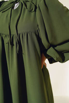 Yakası Bağlamalı Balon Kol Elbise Haki - Thumbnail