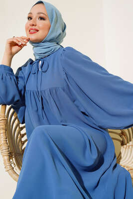 Yakası Bağlamalı Balon Kol Elbise İndigo - Thumbnail