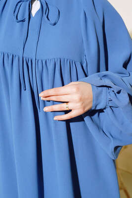 Yakası Bağlamalı Balon Kol Elbise İndigo - Thumbnail