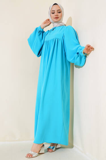 Yakası Bağlamalı Balon Kol Elbise Turkuaz - Elbise