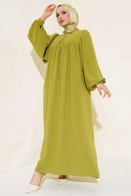 Yakası Bağlamalı Balon Kol Elbise Yağ Yeşili - Thumbnail