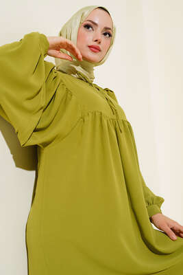 Yakası Bağlamalı Balon Kol Elbise Yağ Yeşili - Thumbnail