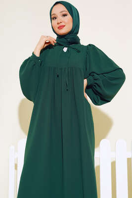 Yakası Bağlamalı Balon Kol Elbise Zümrüt Yeşil - Thumbnail