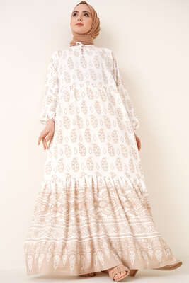 Yakası Bağlamalı Desenli Elbise Camel