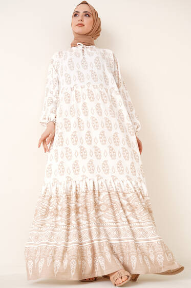 Yakası Bağlamalı Desenli Elbise Camel - Tesettür Elbise