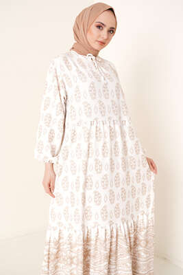 Yakası Bağlamalı Desenli Elbise Camel - Tesettür Elbise