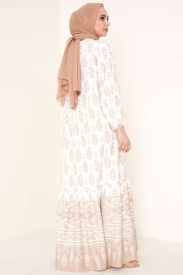 Yakası Bağlamalı Desenli Elbise Camel - Tesettür Elbise