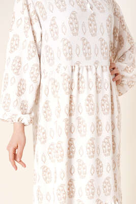 Yakası Bağlamalı Desenli Elbise Camel - Tesettür Elbise