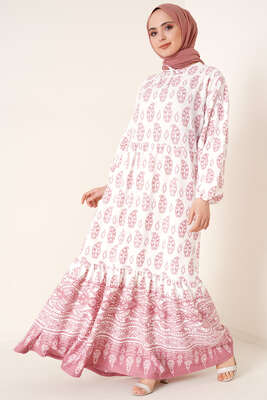 Yakası Bağlamalı Desenli Elbise Gül Kurusu 