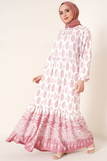 Yakası Bağlamalı Desenli Elbise Gül Kurusu - Tesettür Elbise