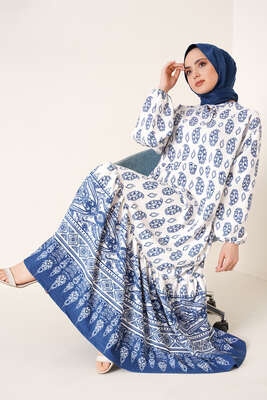 Yakası Bağlamalı Desenli Elbise İndigo 