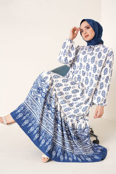 Yakası Bağlamalı Desenli Elbise İndigo - Tesettür Elbise