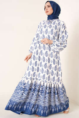 Yakası Bağlamalı Desenli Elbise İndigo - Tesettür Elbise